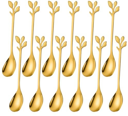 Ateweita cucchiaini da caffè, cucchiaini da tè, Cucchiaio piccolo da 12 cm, altamente lucidato, con elegante design a foglia,perfetto per demitasse e piccole porzioni, Coffee Spoons Kit,12pcs