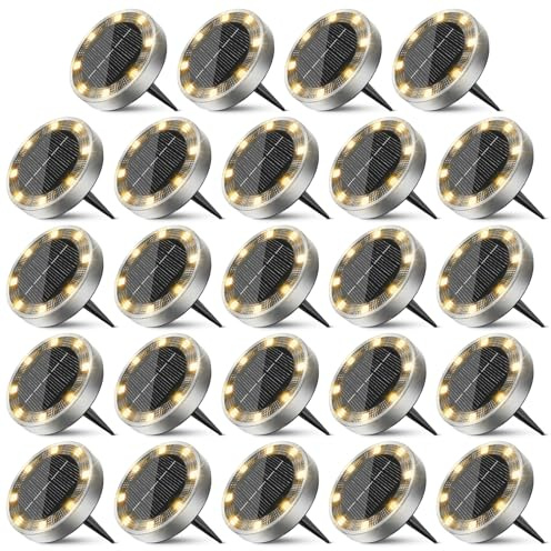 Peasur 24 Paquetes Luces Solares LED Exterior Jardin Suelo,8 LED Luz Solar Exterior Jardin, IP65 Impermeable Luces Solares para Patio, Camino, Césped, Blanco Cálido
