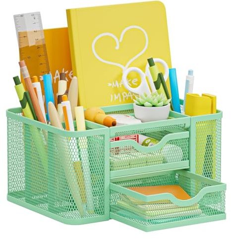 Marbrasse Organizador Escritorio Malla,Organizador Rotuladores con 2 Cajones,Accesorios Escritorio con 5 Compartimentos Cajón,para Material de Oficina Casa(Verde)