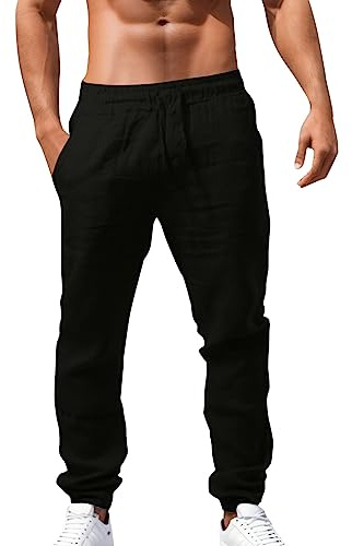 Pantalon Lino Hombre Pantalones Elásticos con Cordones Pantalones de Algodón y Lino Transpirables de Color Liso Pantalones Casual de Verano Pantalones Suaves y Cómodos para Hombre Fitness Gym