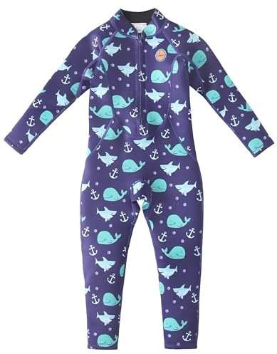 Swimbubs Muta termica per bambini in neoprene da 2 mm, a maniche lunghe e sulle gambe, per piscine fredde e spiaggia (3-4 anni, balena blu)