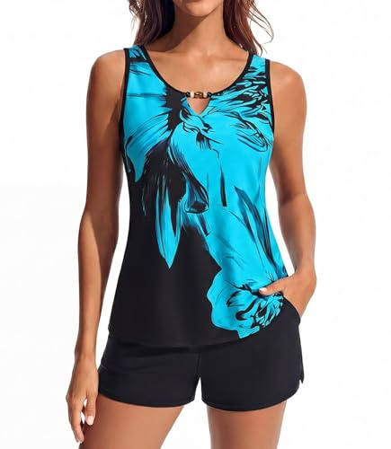 Hanna Nikole 2 Piece Tankini Sets for Women UK, Modest Bathing Suits, V Neck Blouson Swimsuits with Sporty Swim Shorts Pockets, Swimming Costume Women 2 Piece