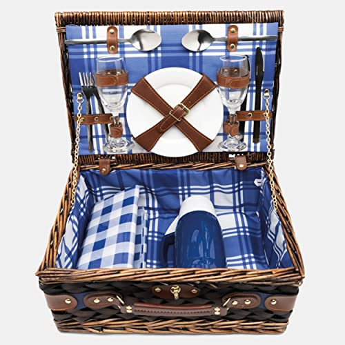 noTrash2003 Picknickkorb für 2 Personen mit Porzellantellern und Echtglas Sektgläsern