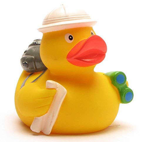 DUCKSHOP I Badeente Weltenbummler I Quietscheente I Quietscheentchen L: 7,5 cm I Geschenk für Backpacker I Geschenk für Weltenbummler I Souvenir I Sammler