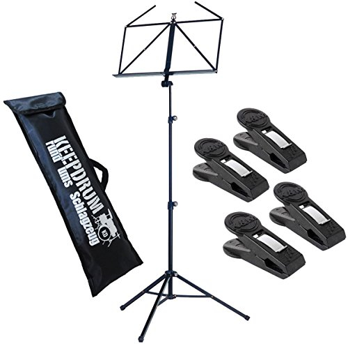 K&M 10065 Black Notenständer Schwarz + 4 Stück 16060 Notenklammer + keepdrum Tasche