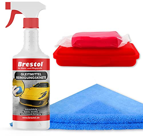 Brestol® Reinigungsknete Set4 200 g Knete rot stark + Box + 750 ml Spezial GLEITMITTEL + Poliertuch - Polierknete Lackknete Clay-Bar Auto-Lack-Knete - entfernt Baumharz Insekten u.v.m.