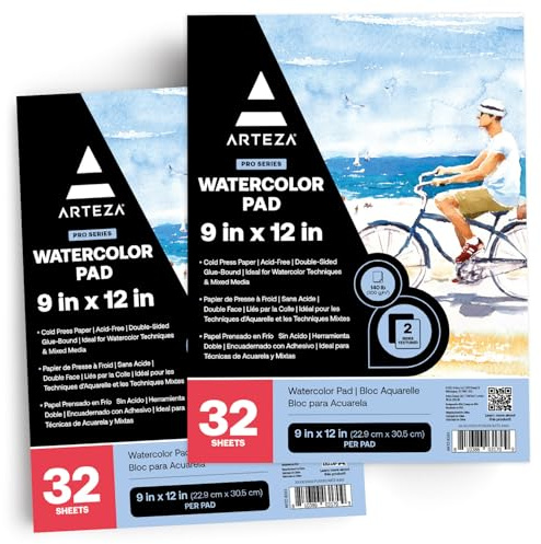 ARTEZA Watercolor Paper, Pack of 2, 32 Sheets Each, 9x12 Inches Watercolor Sketchbook, 140lb/300gsm, Cold Press, Acid Free Art Paper