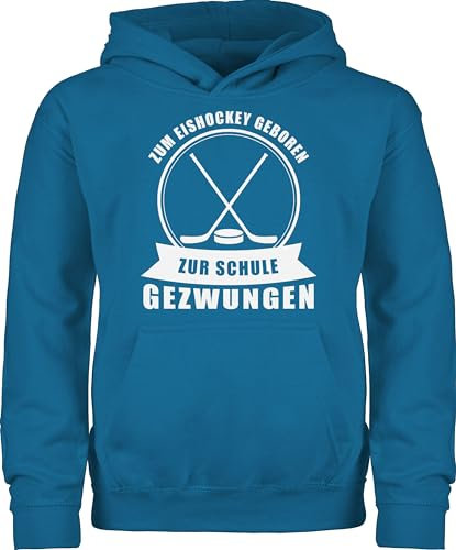 Kinder Hoodie Jungen Mädchen - Sport Kleidung - Zum Eishockey geboren. Zur Schule gezwungen - 140 (9/11 Jahre) - Himmelblau - hoody 25. geburtstag geboren reitpullover um pullover zu spielen pulli