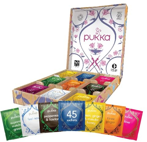 Pukka Coffret Sélection, Idée Cadeau Femme et Homme, Coffret Cadeau Tisanes, Coffret Cadeau Thé 100% Bio Saint Valentin, Anniversaire, 9 Saveurs, Matcha, Gingembre, Miel, Nuit paisible, 45 Sachets