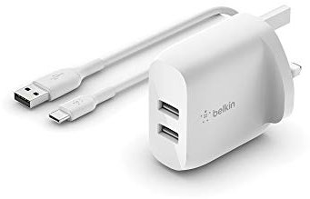 Belkin Boost Charge Dual USB-A Wall Charger 24 W + USB-A to USB-C Cable (USB Wall Charger for Samsung, Pixel, iPad Pro, More)