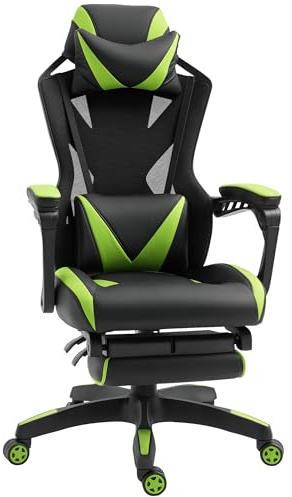 Vinsetto Silla Gaming Ergonómica Silla de Escritorio para Oficina con Altura Ajustable Respaldo Regulable de 170° Almohada Lumbar y Reposapiés Retráctil 65x70x117-125 cm Verde