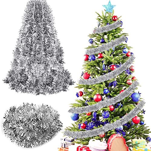 SPEACOUR 6M Noël Guirlandes Tinsel de Noël Argent Guirlande Métallique Scintillante Guirlande de Sapin de Noël Brillante Ornements Pendendif Décoration pour Maison Intérieur Extérieur Fête Mariage
