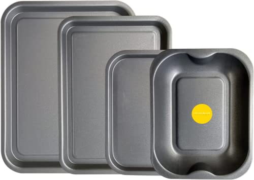 4-Pack - Baking Tray and Roasting Tray Set - 38cm, 35cm & 28cm Baking Trays, and 28cm Roasting Tray Set Tray/Pan, Non-Stick, Multi-Pack Set Oven Trays - Dishwasher Safe and Easy Clean. by KITCHENEUR®