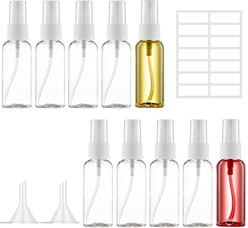Ysimple 10Pcs 50ml Spray Bottles, Travel Spray Bottle, Fine Mist Mini Spray Bottles, Portable Refillable Containers with 2 Funnels and Labels for Cosmetic, Perfume, Moisturizer, Essential Oil