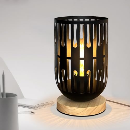HHMTAKA Metal LED Bedside Table Lamp Wooden Base Black Lamp 22cm High Decorative Bedside Lamp with Edison Bulb for Bedroom Living Room Guest Room Weddings Parties Patio (Black)