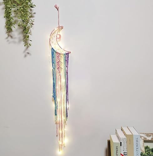 Koytoy Makramee Wandbehang Mond Traumfänger mit LED Licht Handgefertigt Gewebte Dreamcatcher Boho, Haus Dekoration Chic Home Decor Geschenke Apartment Raumdekoration （Regenbogenfarben）