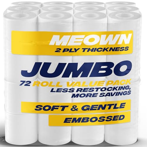 Meown Jumbo Toilet Rolls Bulk Buy, 72 Pack Quilted 2-Ply Soft Toilet Paper, Ultra-Soft, Gentle & Absorbent White Bathroom Tissue, Biodegradable Toilet Rolls for Family, Home & Commercial Use