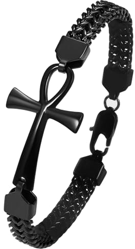 Flongo Armband Herren Ankh Kreuz: bracelet men schwarz Franco Armkette Edelstahl königskette Double Row Woven Chain mit Egyptian Cross Amulett mens jewellery Armbänder für Damen Männer Jungen