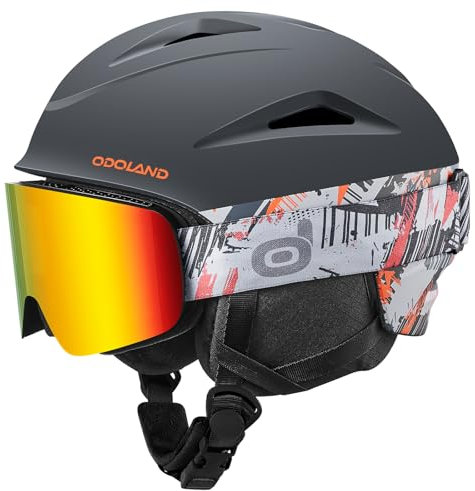 Odoland Skihelm und Skibrille Set Snowboardhelm mit Snowboardbrille für Damen und Herren und Jugend Ski Goggles UV 400 Schutz Windwiderstand Snowboard Brille zum Skifahren und Bergsteigen