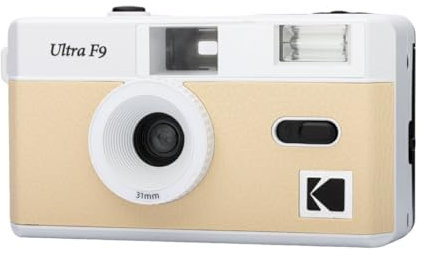 KODAK Ultra F9 – Silberkamera, wiederverwendbar, 35 mm, festes Objektiv 31 mm F/9, integrierter Blitz, einfaches Aufladen, manuelles Aufrollen, ideal für den Innenbereich – Beige