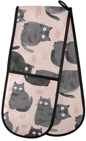 Oven Gloves Double Oven Gloves Grey Cat Pink Oven Mitts Pot Holder Heat Resistant Quilted for BBQ Baking Kitchen Cooking Gloves