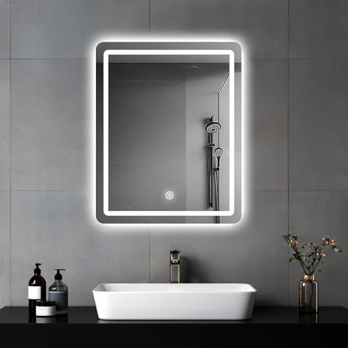 MYGIIVOVO Specchio da parete per bagno, con illuminazione, specchio con luce LED, interruttore touch e 3 colori, dimmerabile, 45 x 60 cm
