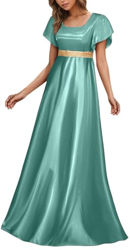 Duohropke Robe de bal pour femme avec manches bouffantes en satin, robe de princesse pour soirée avec col carré, robe formelle plissée maxi de cocktail de soirée longue en ligne A, robe tunique, bleu