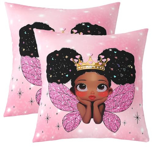 Loussiesd Lindas fundas de almohada de niña negra de 55 x 55 cm, suaves, con temática de princesa, alas de hada, fundas de cojín de microfibra afroamericana, decoración mágica para dormitorio