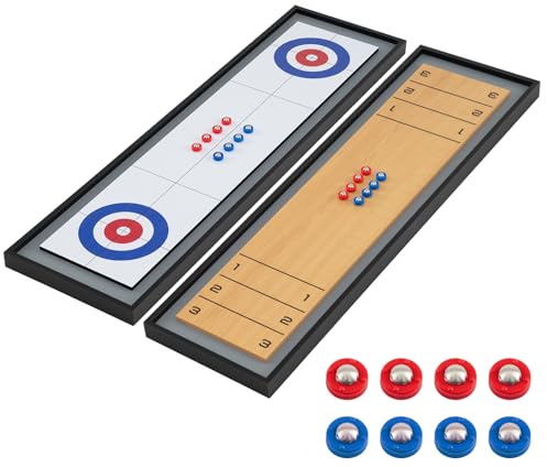 HOMASIS 2 in 1 Spieltisch mit Shuffleboard & Curling, tragbarer Shuffleboard-Tisch Curling Spiel mit 8 Pucks, Brettspiele Tischkegelspiel Multi Tischspiel Set für Kinder & Erwachsene