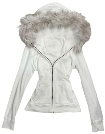 Vintage Fur Hood Jacket Fitted Zip Up Hoodie Y2k Fur Hood For Women Retro Cute Winter Streetwear Jacket (White 1,S)