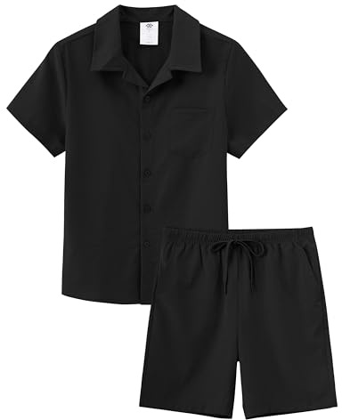 MoFiz Tuta Casual da Ginnastica Bambini e Ragazzi set di Abbigliamento da Spiaggia Completo Estivo Camicie a Maniche Corte con Bottoni e Shorts Nero Taglia M (140-152)