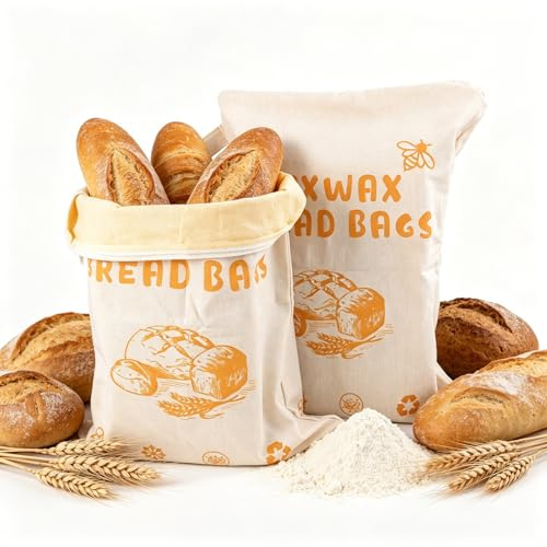 Paquete de 2 bolsas de pan de cera de abeja con apertura en forma de L, bolsas de almacenamiento de pan de algodón reutilizables de 43 x 33 cm, fáciles de llenar y limpiar, perfectas para masa madre y
