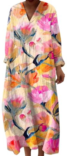 Maxiklänningar för kvinnor, somriga, grafiska, lediga midiklänningar med v-ringning och lång ärm, retrostil, lös passform, outfits