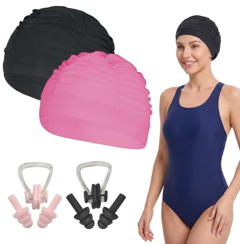 Pack de 2 Gorro Piscina Mujer y Hombre, Gorro Natacion de Tela con Pliegues para Pelo Largo, Incluye 2 Juegos de Pinzas para Nariz y Tapones para Oídos, Elástico y Cómodo para Adultos