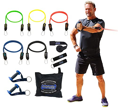 Bodylastics PRO Series Resistance Band Set - 5 Bands, Handles, Ankle Straps, Door Anchor, Carry Bag - Patented Clips and Snap Reduction Tech (3-190 Lbs Max Resistance)