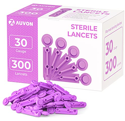 AUVON Blood Lancets, 30 Gauge 300 Twist Top Lancets with Less Pain Design Fit Most Standard Lancing Devices for Blood Sugar Kit and Glucose Meter - Purple