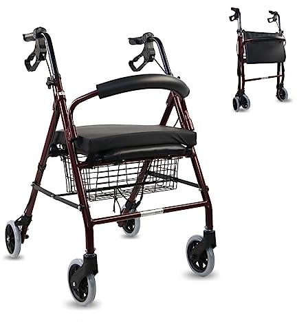 Mobiclinic®, Rollator mit viskoelastischem kissen, Aluminium, Manuelle bremsen, Faltbar, Korb, Sitz, Für stühle und gehwagen, Escorial plus, Senioren, Leicht, 4 räder, Bordeaux