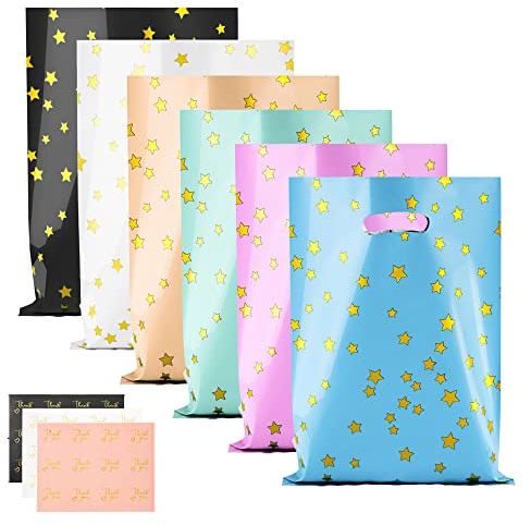 BOENFU 60 Pcs Party Gift Bags With Thank You Stickers - 6 Colors Starry Goodie Favor Treat Bags With Handle for Christmas, Halloween, Birthday, Wedding