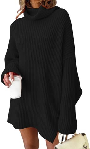 LILLUSORY Womens Turtleneck Oversized Long Sweater Dress 2025 Plus Size Tunic Pullover Knit Winter Dresses Black M