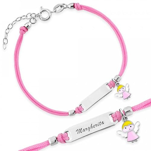 Sakrami Bracciale Argento 925 Bimba Cordoncino Cordoncino Rosa Angioletto Kids Collection + Confezione Regalo Personalizzata - Braccialetto per Nascita Comunione o Battesimo