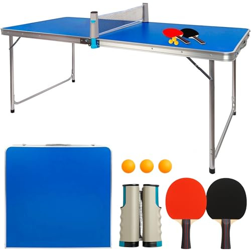 DEVESSPORT Pack Mini Table de Ping Pong Pliable | Table de Camping et Ping Pong pour Intérieur et Extérieur | 120x60x70 cm | Inclut 2 Raquettes, 3 Balles et Filet Amovible