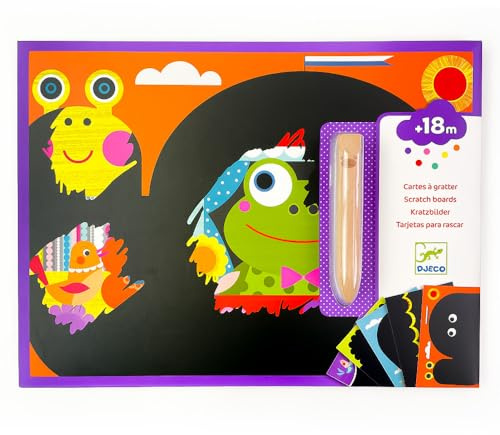 DJECO Jeu Cartes à Gratter Animaux - Enfants dès 18 Mois - Gratte et Découvre Les Dessins ! Développe la Motricité et l'Adresse - 1 Outil en Bois, 5 Grandes Cartes, 1 Livret Explicatif