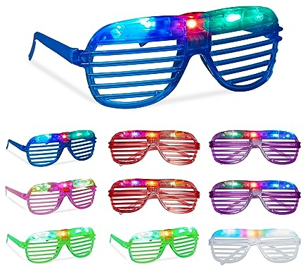 Relaxdays LED Brille, 10er Set, Partybrille Leuchtend, 3 Leuchtmodi, Fasching & Festival, Gitterbrille, Kunsstoff, bunt, Blau, Grün, Rot, Lila, Weiß, Rosa