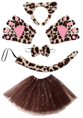 SHOWHEEL Set Costume Animale per Bambino - Carnevale Cosplay con Tutu Gonna, Cerchietti Orecchie, Coda, Papillon, Guanti (Brown)