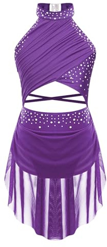 iiniim Vestido de Patinaje Artístico para Niñas Vestido Danza Lírica y Contemporánea Maillot con Falda Ballet de Malla y Pedrería Brillante Disfraz Bailarina 5-16 Años