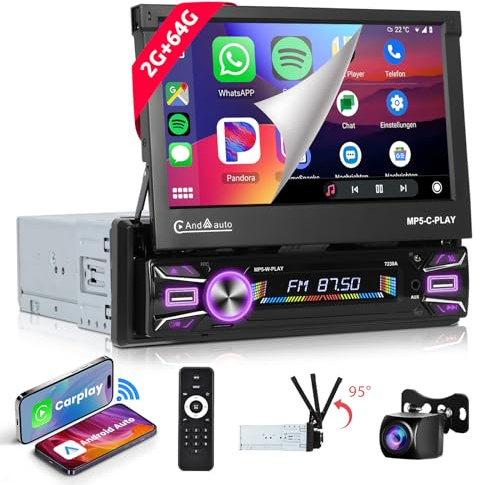 【2+64G】 Podofo Android Car Radio 1Din con 7'' Touchscreen Automática Wireless Carplay/Android Auto Bluetooth FM/RDS 2USB/TF/AUX/Control del Volante con Cámara De Visión Trasera AHD,WiFi/GPS Navi