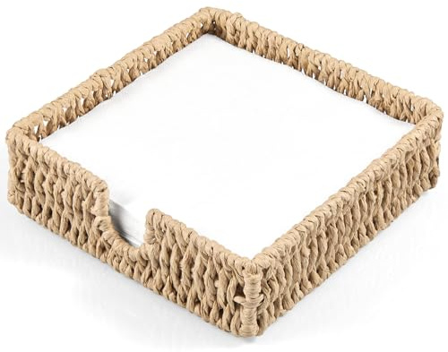 Napkin Holder for Table, Woven Paper Rope Napkin Holders For Paper Napkins, Wicker Napkin Holders for Kitchen Dinner Table Boho Decor and Accessories, Square Napkin Basket and Serving Tray