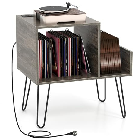 COSTWAY Support Tourne-disque avec Prise, Meuble Tourne-Disque Vinyle pour 145 Albums, Station de Charge, 2 Ports USB, 4 Pieds Amovibles, 3 Séparateurs, Étagère sur Table (Gris)