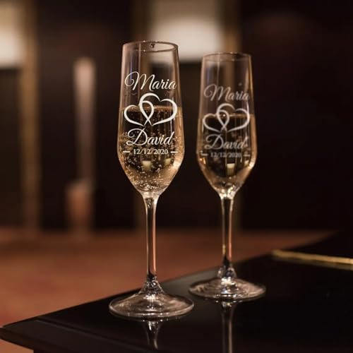 Uppsättning av 2, personliga champagneglas för bröllop för brud och brudgum, förlovning, bröllopspresent, specialgraverade bröllops-rostningsflöjter bröllopsglasögon, personligt vinglas