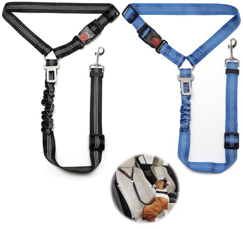 2 Stück Verstellbarer Hundegurt fürs Auto, Sicherheitsgurt Hunde mit Ruckdämpfer Elastisch, Hunde Sicherheitsgurt Auto für Kleine Mittelgroße große Hunde und Alle Autotypen, Schwarz + Blau